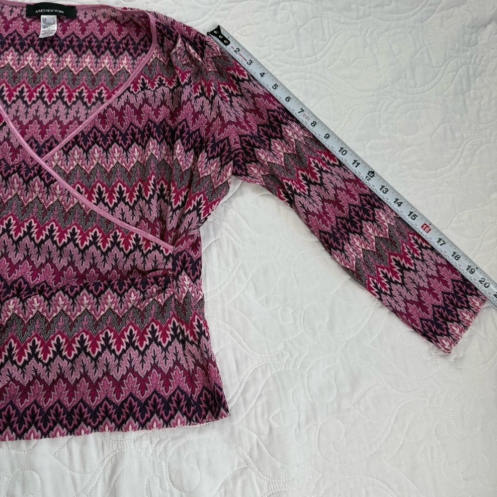 Jones New York Pink Retro V-Neck Faux-Wrap Long Sleeve Blouse Women's Large EUC - Picture 6 of 7